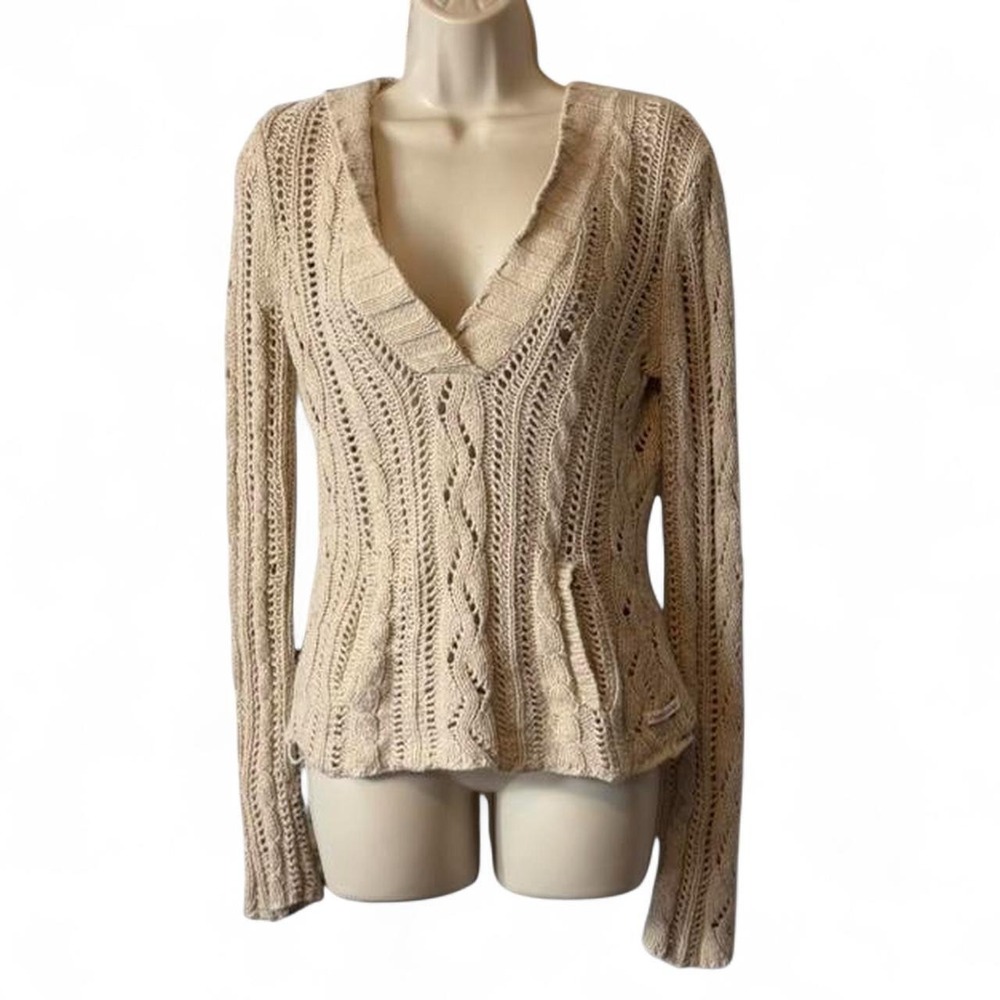 Vintage Y2K American Eagle Open Knit Crochet Hooded Sweater, Women's Size S